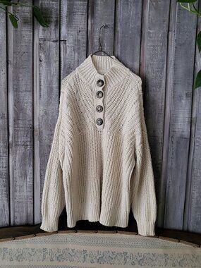 Aerie Cream Henley Button Quarter Placket Cable Knit Sweater M